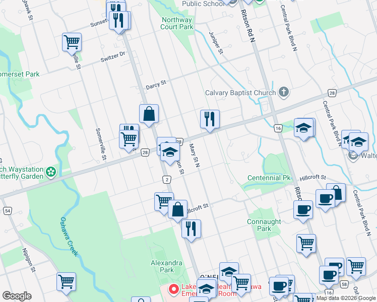 map of restaurants, bars, coffee shops, grocery stores, and more near 640 Mary Street North in Oshawa