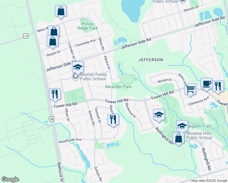 map of restaurants, bars, coffee shops, grocery stores, and more near 95 Alpaca Drive in Richmond Hill