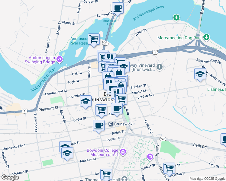 map of restaurants, bars, coffee shops, grocery stores, and more near 135 Maine Street in Brunswick