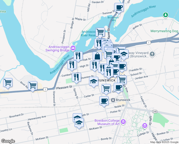 map of restaurants, bars, coffee shops, grocery stores, and more near 36 Cumberland Street in Brunswick