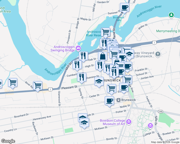 map of restaurants, bars, coffee shops, grocery stores, and more near 36 Cumberland Street in Brunswick