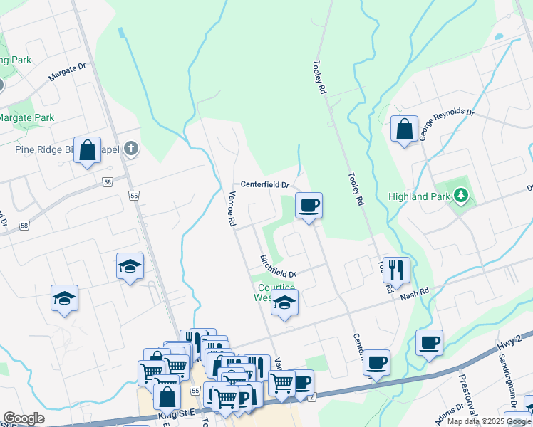 map of restaurants, bars, coffee shops, grocery stores, and more near in Courtice