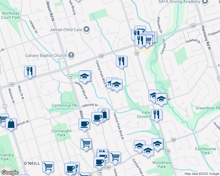 map of restaurants, bars, coffee shops, grocery stores, and more near 442 Brentwood Avenue in Oshawa