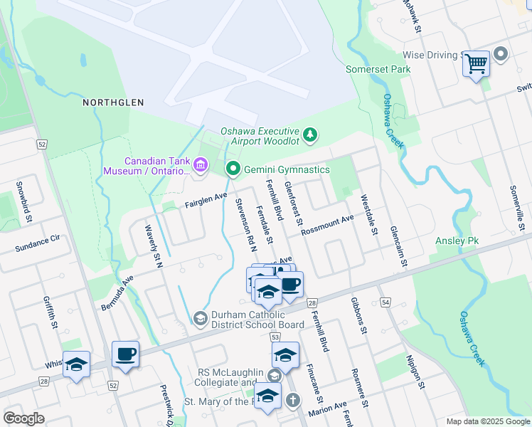 map of restaurants, bars, coffee shops, grocery stores, and more near 832 Fernhill Boulevard in Oshawa