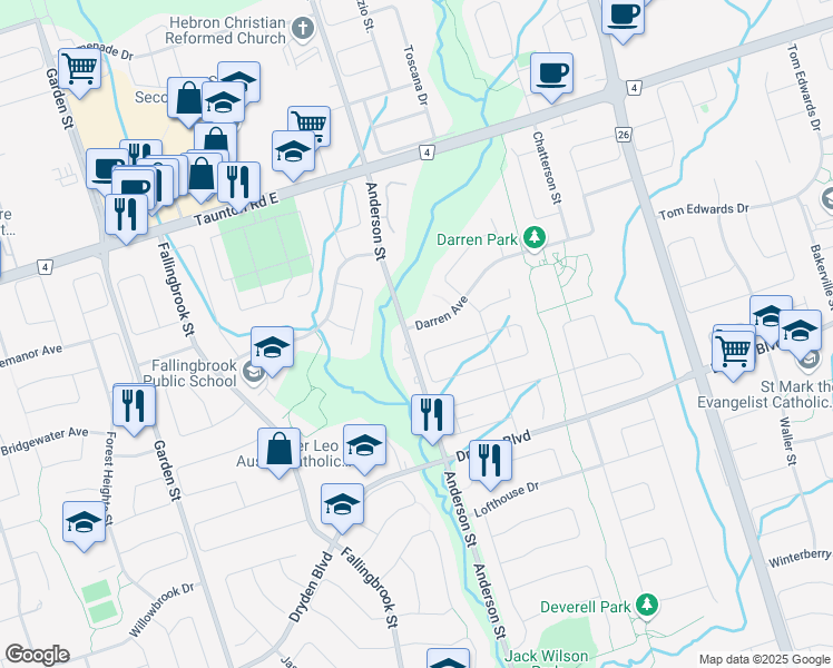 map of restaurants, bars, coffee shops, grocery stores, and more near 3840 Anderson Street in Whitby