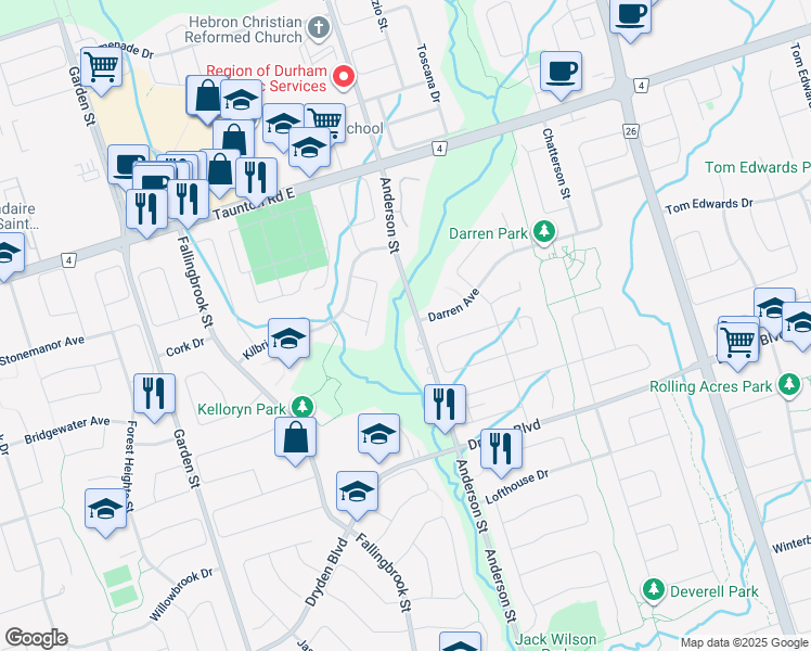 map of restaurants, bars, coffee shops, grocery stores, and more near 3840 Anderson Street in Whitby