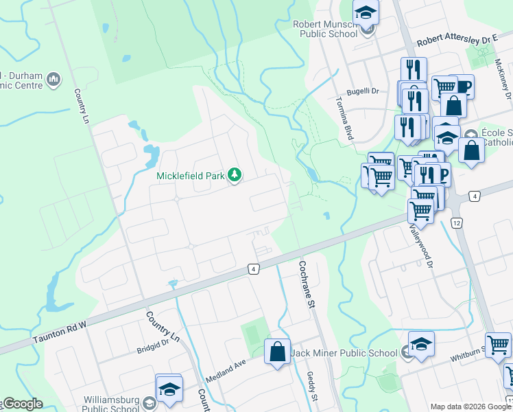 map of restaurants, bars, coffee shops, grocery stores, and more near 1002 Cochrane Street in Whitby