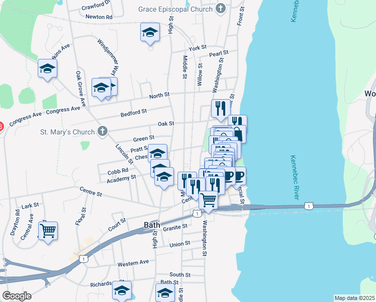 map of restaurants, bars, coffee shops, grocery stores, and more near 21 Winter Street in Bath