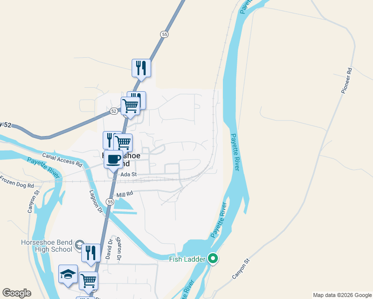 map of restaurants, bars, coffee shops, grocery stores, and more near 134 Canyon Street in Horseshoe Bend