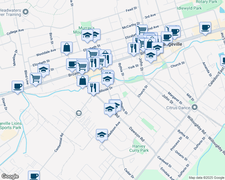 map of restaurants, bars, coffee shops, grocery stores, and more near 11 Hillside Drive in Orangeville