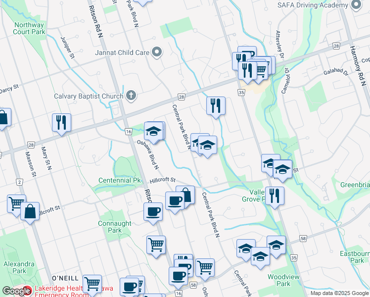 map of restaurants, bars, coffee shops, grocery stores, and more near 412 Brentwood Avenue in Oshawa