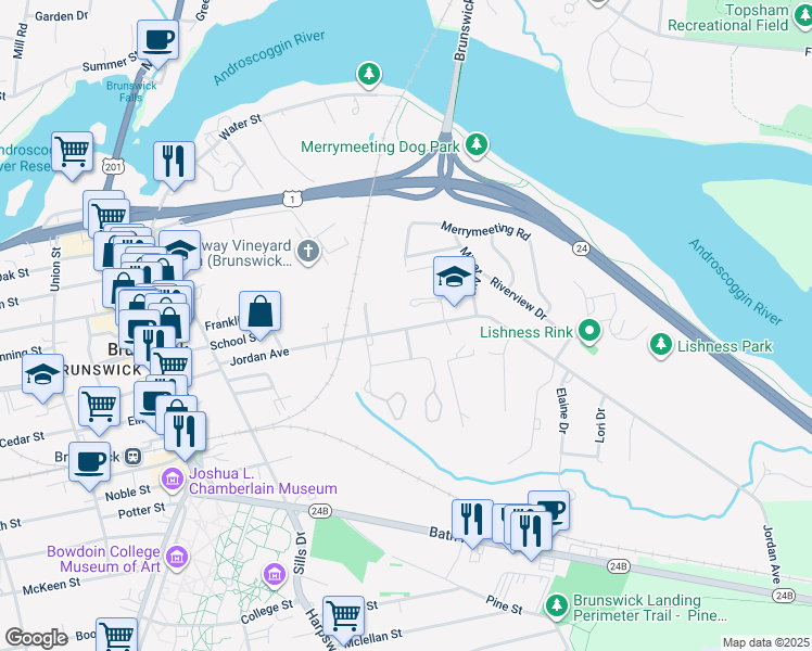 map of restaurants, bars, coffee shops, grocery stores, and more near 69 Jordan Avenue in Brunswick
