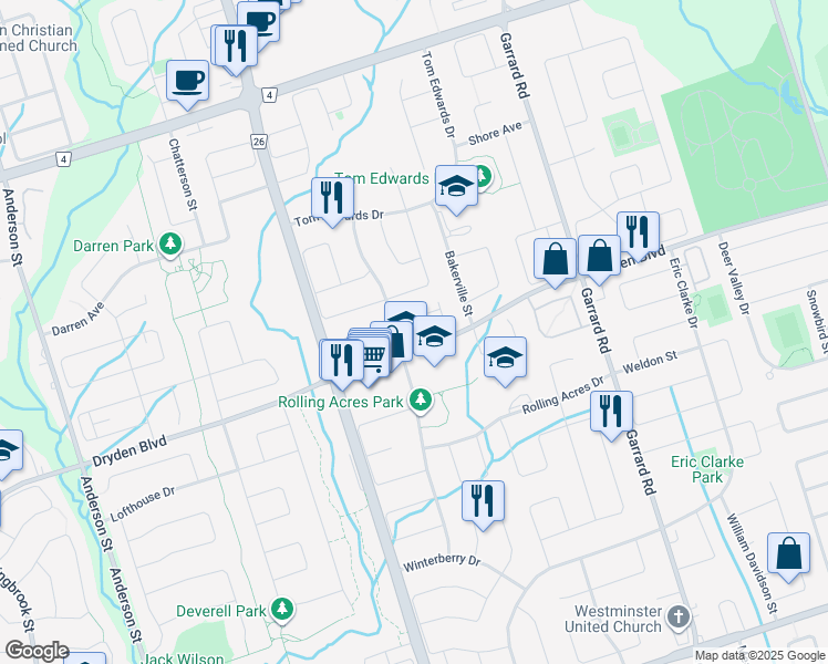 map of restaurants, bars, coffee shops, grocery stores, and more near 6 Greengrove Way in Whitby