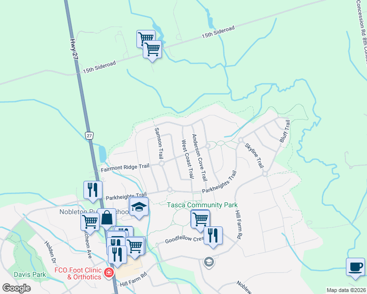 map of restaurants, bars, coffee shops, grocery stores, and more near 32 West Coast Trail in Nobleton