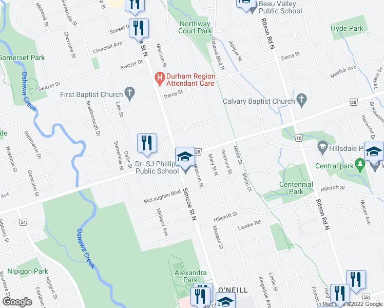 map of restaurants, bars, coffee shops, grocery stores, and more near Masson Street in Oshawa