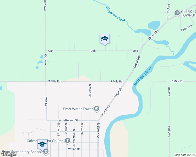 map of restaurants, bars, coffee shops, grocery stores, and more near 8572 7 Mile Road in Evart