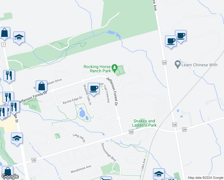 map of restaurants, bars, coffee shops, grocery stores, and more near 187 Jefferson Forest Drive in Richmond Hill