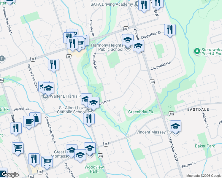 map of restaurants, bars, coffee shops, grocery stores, and more near 662 Merlin Court in Oshawa
