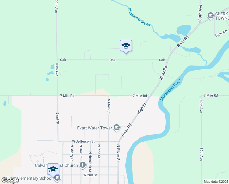 map of restaurants, bars, coffee shops, grocery stores, and more near 8572 7 Mile Road in Evart