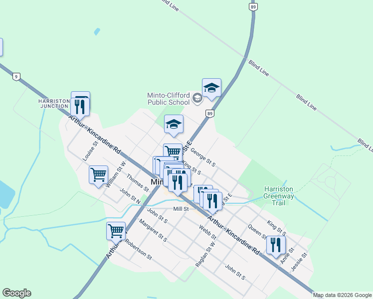 map of restaurants, bars, coffee shops, grocery stores, and more near 76 Ontario 89 in Minto
