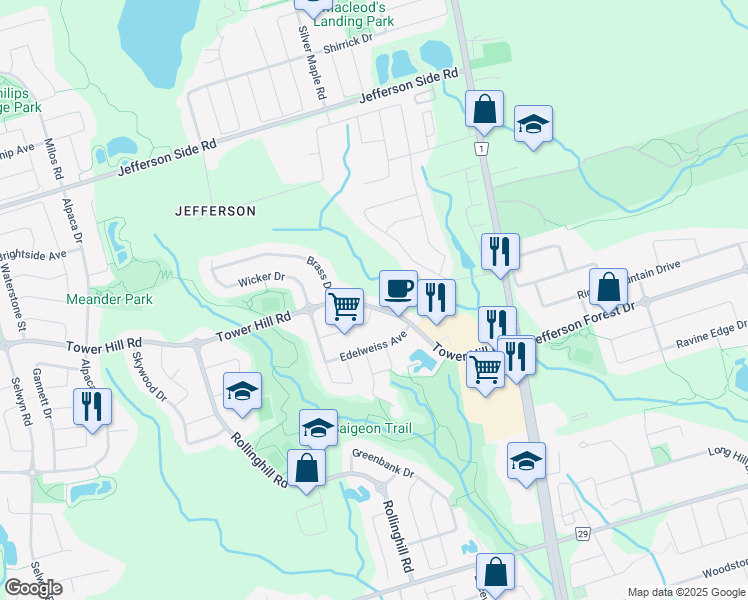 map of restaurants, bars, coffee shops, grocery stores, and more near 160 Tower Hill Road in Richmond Hill
