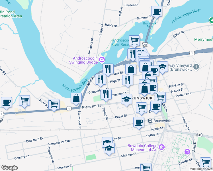 map of restaurants, bars, coffee shops, grocery stores, and more near 30 Cushing Street in Brunswick