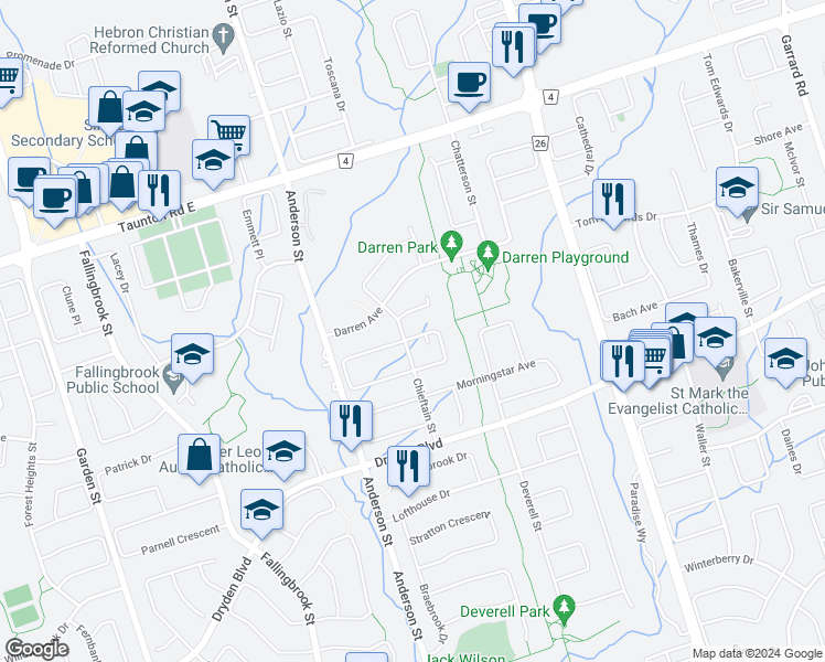 map of restaurants, bars, coffee shops, grocery stores, and more near 61 Chieftain Street in Whitby