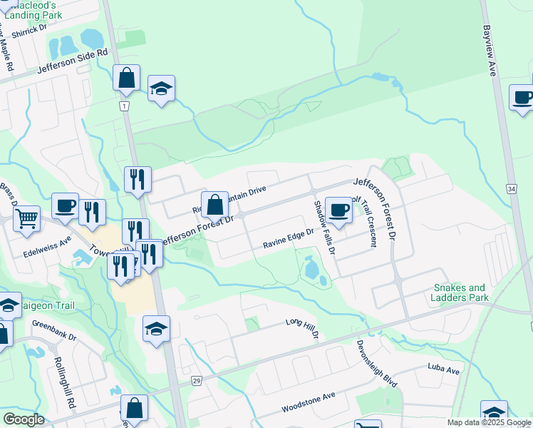 map of restaurants, bars, coffee shops, grocery stores, and more near 85 Jefferson Forest Drive in Richmond Hill