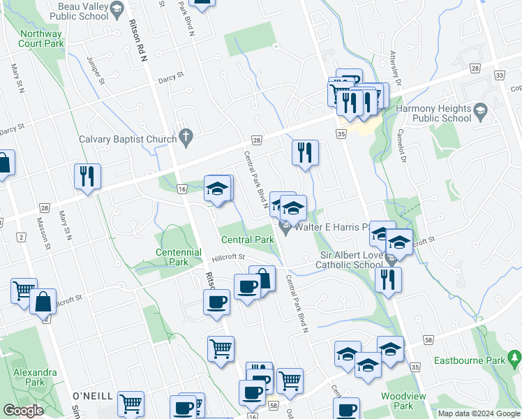 map of restaurants, bars, coffee shops, grocery stores, and more near 554 Central Park Boulevard North in Oshawa