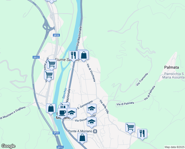 map of restaurants, bars, coffee shops, grocery stores, and more near 342 Via di Vinchiana in Lucca