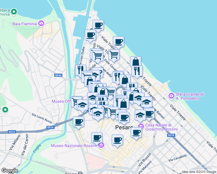 map of restaurants, bars, coffee shops, grocery stores, and more near 4a Viale Pola in Pesaro