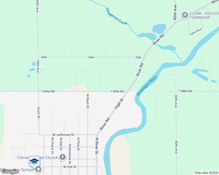 map of restaurants, bars, coffee shops, grocery stores, and more near 8446 7 Mile Road in Evart