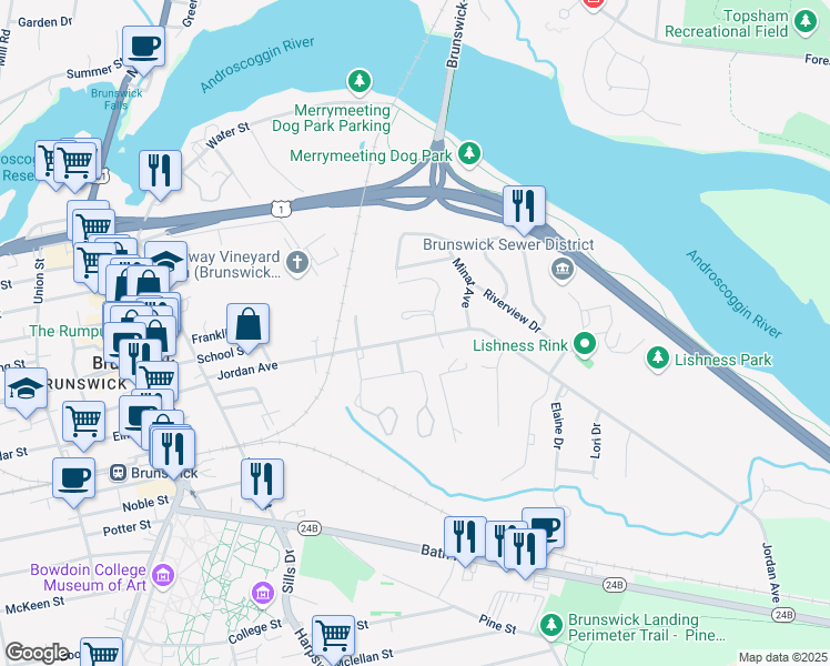 map of restaurants, bars, coffee shops, grocery stores, and more near 69 Jordan Avenue in Brunswick