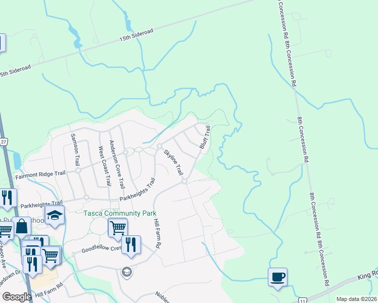 map of restaurants, bars, coffee shops, grocery stores, and more near 7 Cape George Trail in Nobleton