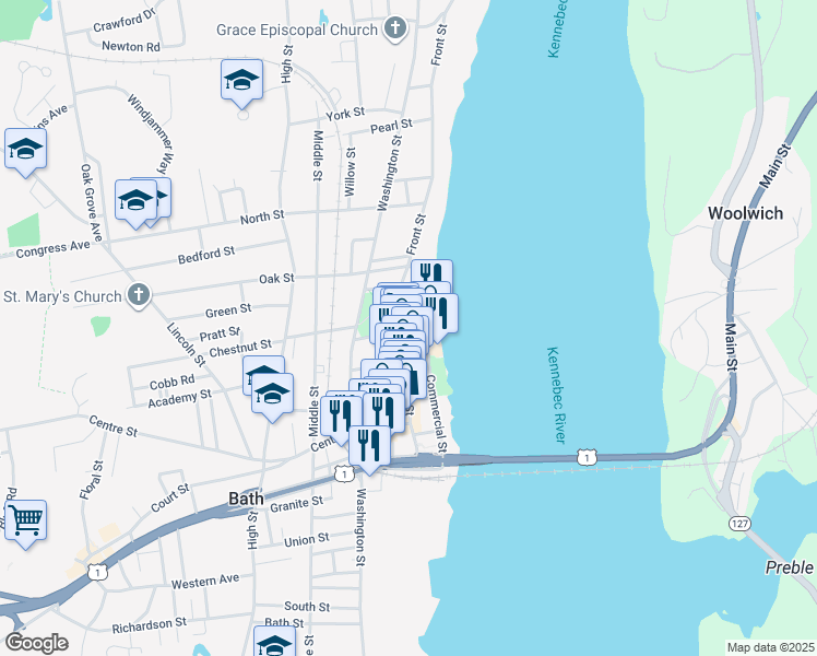map of restaurants, bars, coffee shops, grocery stores, and more near 195 Front St in Bath