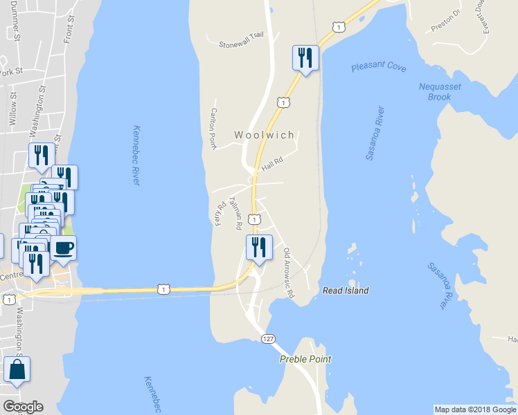 map of restaurants, bars, coffee shops, grocery stores, and more near 73 Main Street in Woolwich