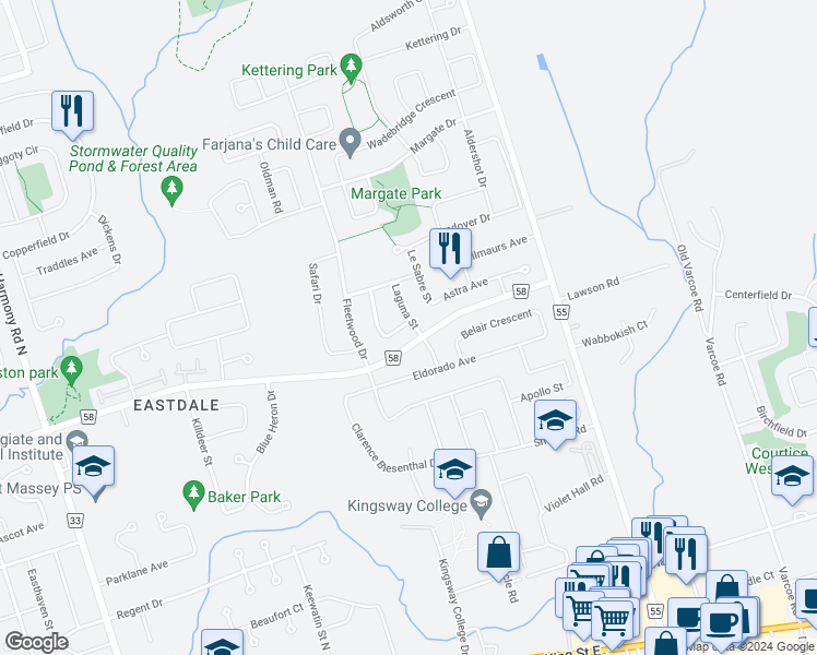 map of restaurants, bars, coffee shops, grocery stores, and more near 398 Laguna Street in Oshawa