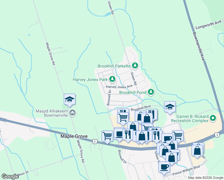 map of restaurants, bars, coffee shops, grocery stores, and more near 356 Boswell Drive in Bowmanville