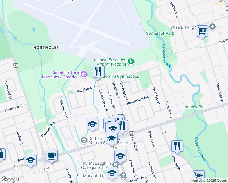 map of restaurants, bars, coffee shops, grocery stores, and more near 832 Fernhill Boulevard in Oshawa