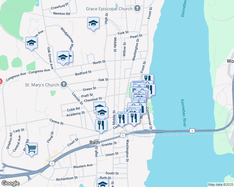 map of restaurants, bars, coffee shops, grocery stores, and more near 21 Winter Street in Bath