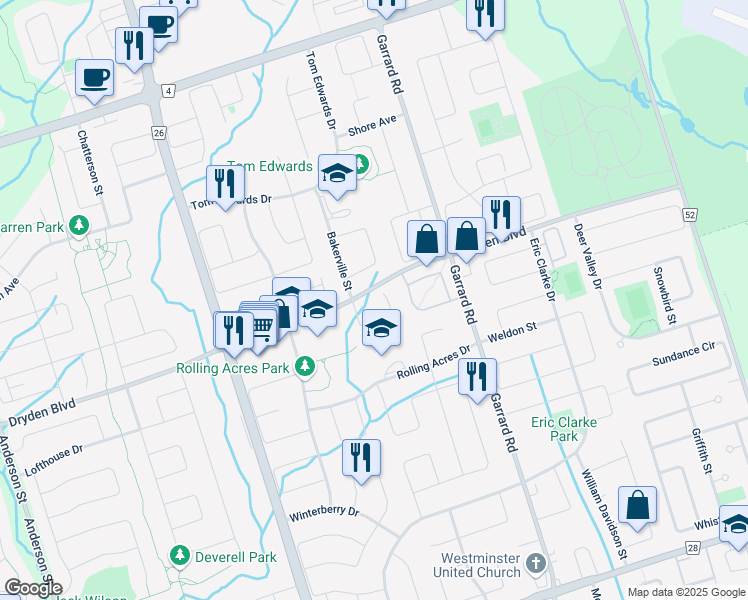 map of restaurants, bars, coffee shops, grocery stores, and more near 71 Steele Valley Court in Whitby