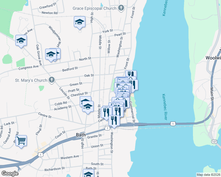 map of restaurants, bars, coffee shops, grocery stores, and more near in Bath