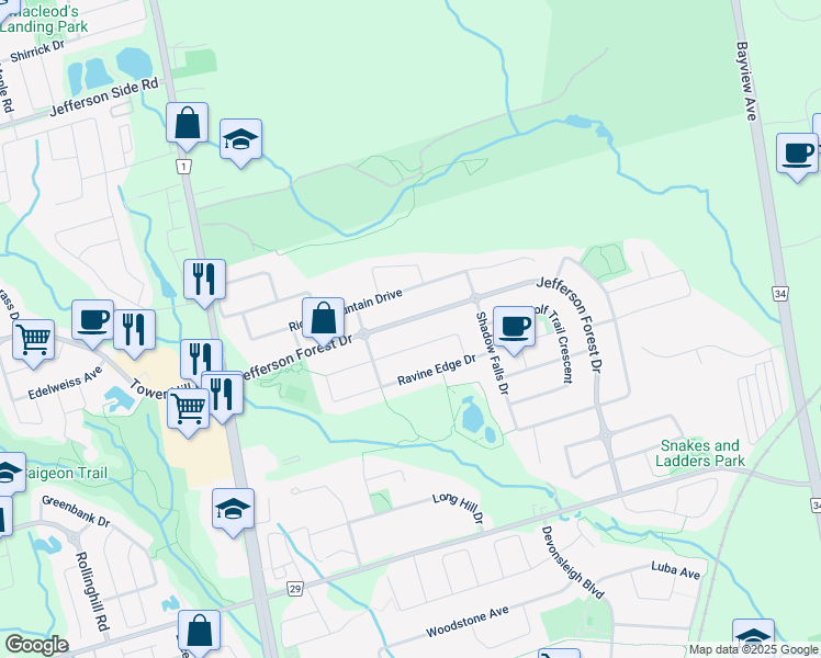 map of restaurants, bars, coffee shops, grocery stores, and more near 85 Jefferson Forest Drive in Richmond Hill