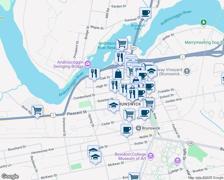 map of restaurants, bars, coffee shops, grocery stores, and more near 26 Cumberland Street in Brunswick