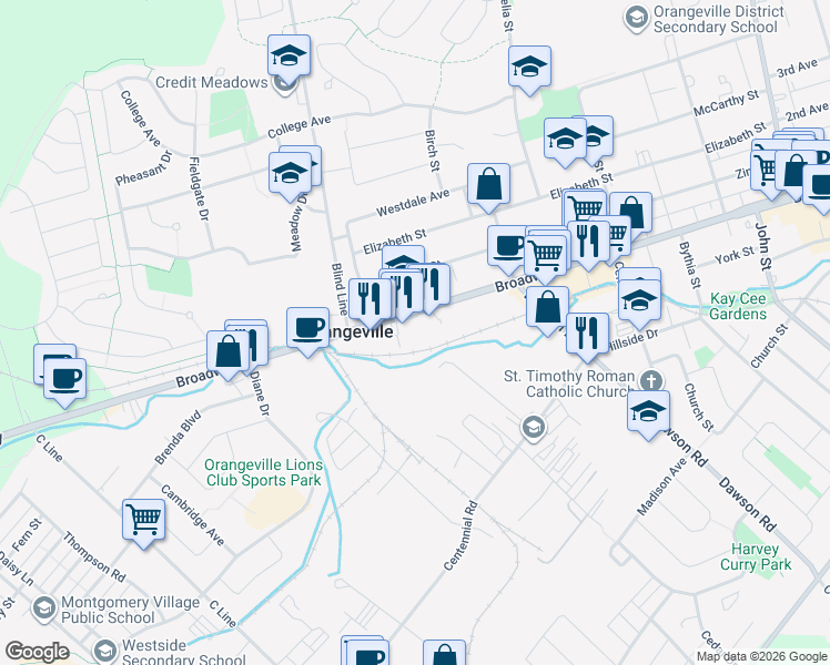 map of restaurants, bars, coffee shops, grocery stores, and more near in Orangeville