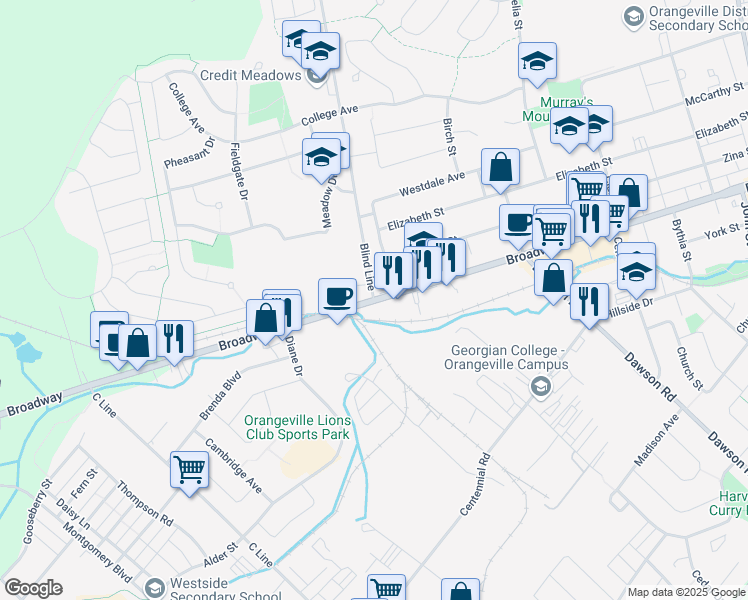 map of restaurants, bars, coffee shops, grocery stores, and more near in Orangeville