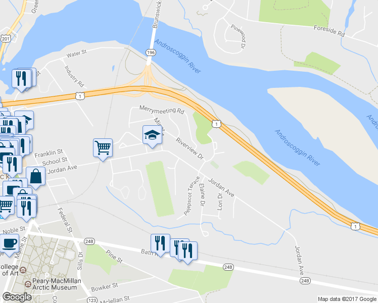 map of restaurants, bars, coffee shops, grocery stores, and more near 11 Riverview Drive in Brunswick