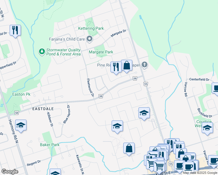 map of restaurants, bars, coffee shops, grocery stores, and more near 393 Laguna Street in Oshawa