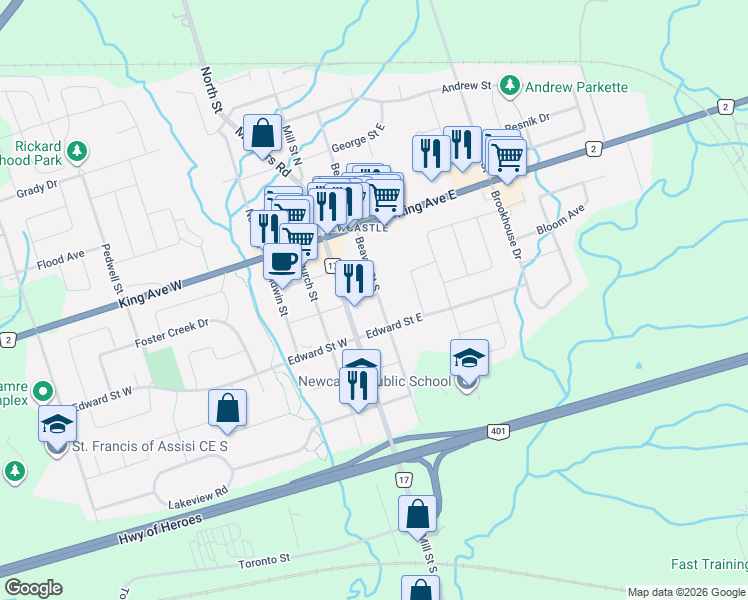 map of restaurants, bars, coffee shops, grocery stores, and more near 160 Beaver Street South in Newcastle