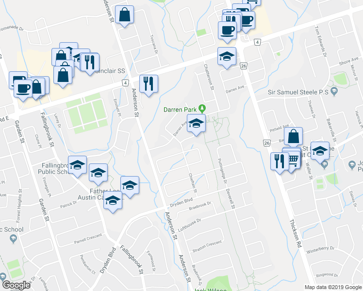 map of restaurants, bars, coffee shops, grocery stores, and more near 61 Chieftain Street in Whitby